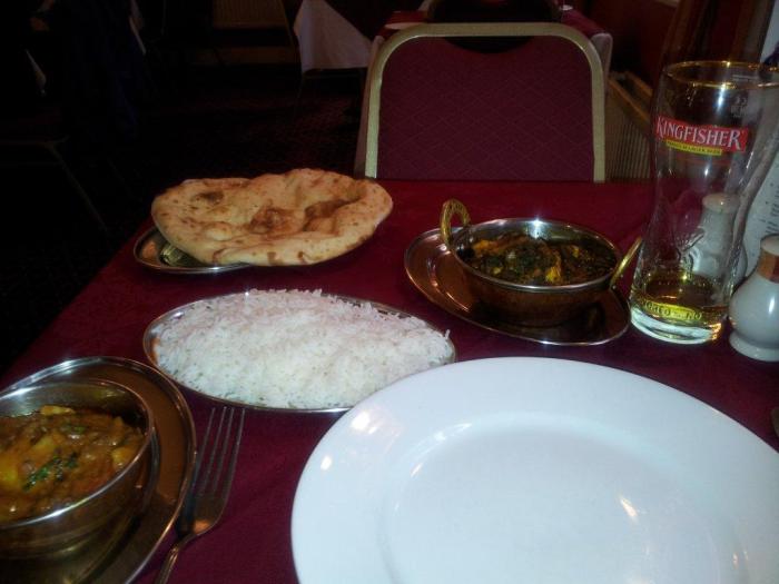 Chicken Saag, Bombay Aloo and Peshwari Naan