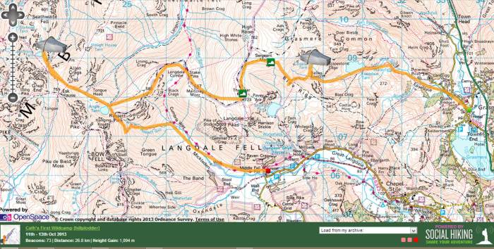 The route (click on image to view zoomable map on Social Hiking)